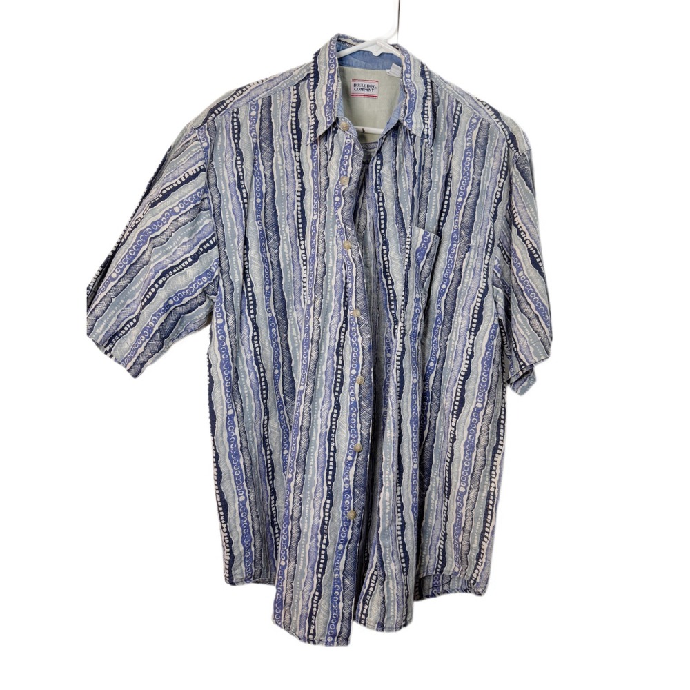 Vintage Bugle Boy Co Mens Large Button Up Shirt Abstract Striped Short Sleeve